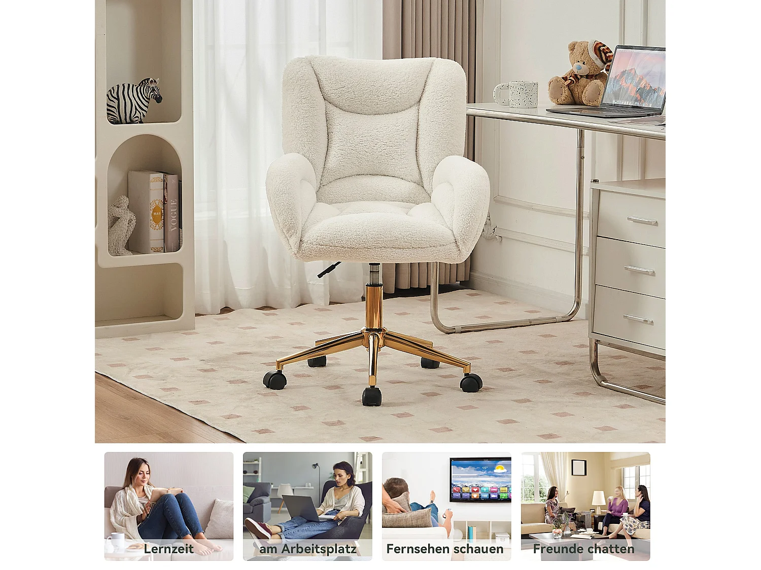 Chaise de Bureau Ergonomique en Tissu Teddy Blanc, Hauteur Réglable
