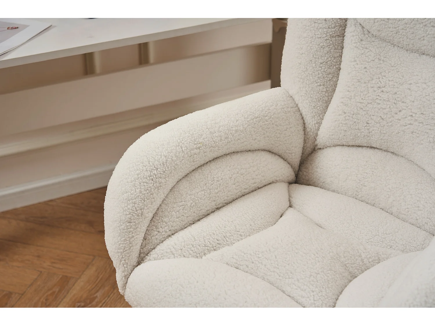 Chaise de Bureau Ergonomique en Tissu Teddy Blanc, Hauteur Réglable