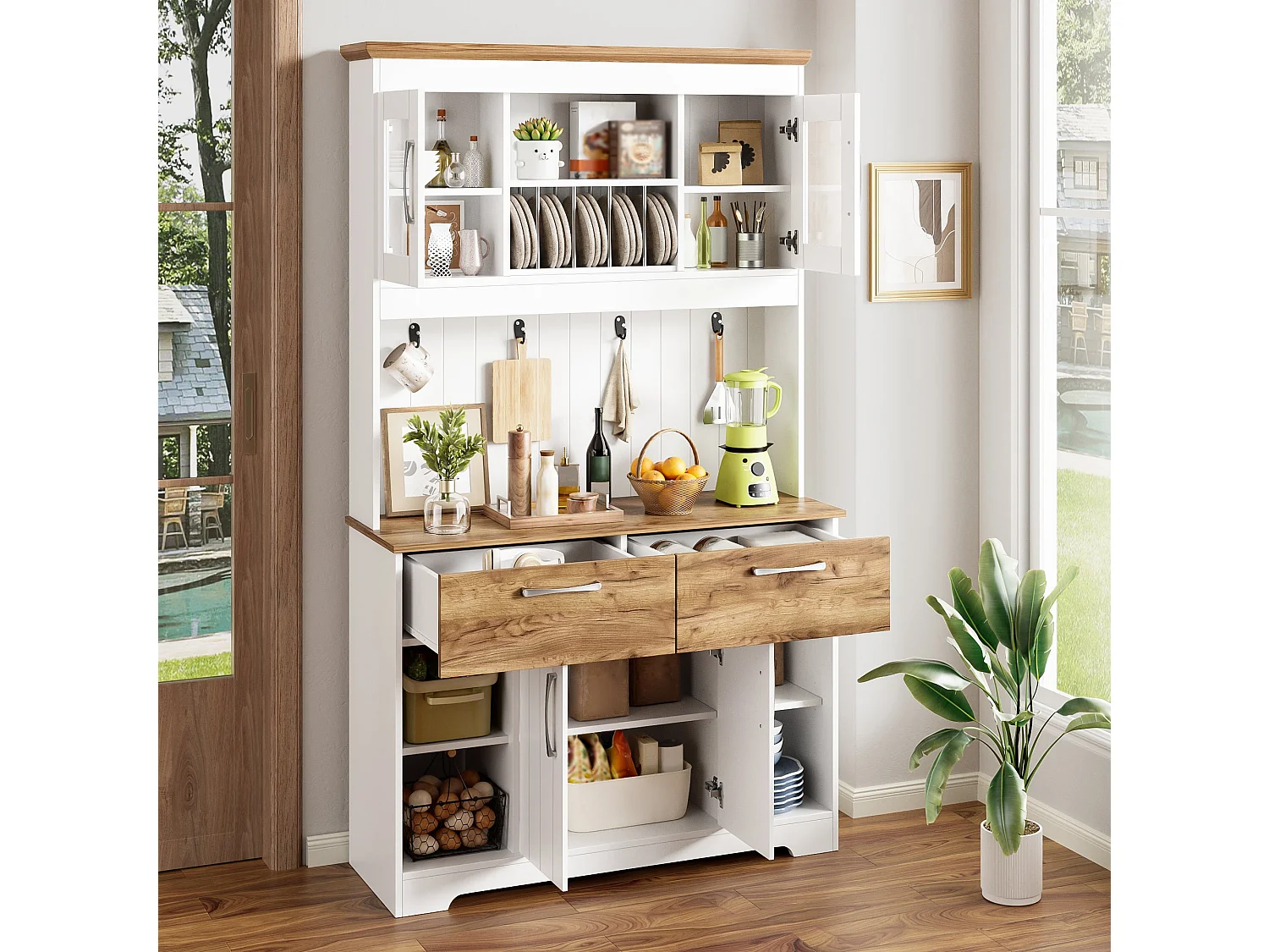 Vaisselier de cusisine blanc effet bois avec vitrines, tiroirs et crochets 106x39x176,5 cm