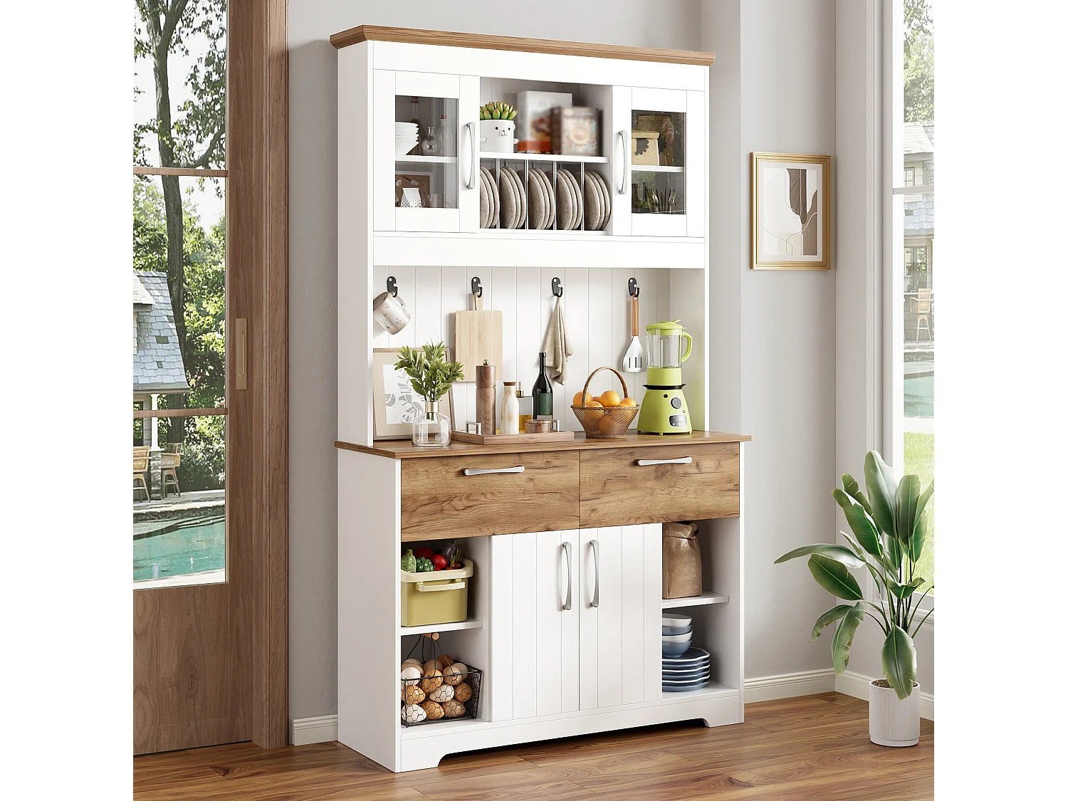 Vaisselier de cusisine blanc effet bois avec vitrines, tiroirs et crochets 106x39x176,5 cm