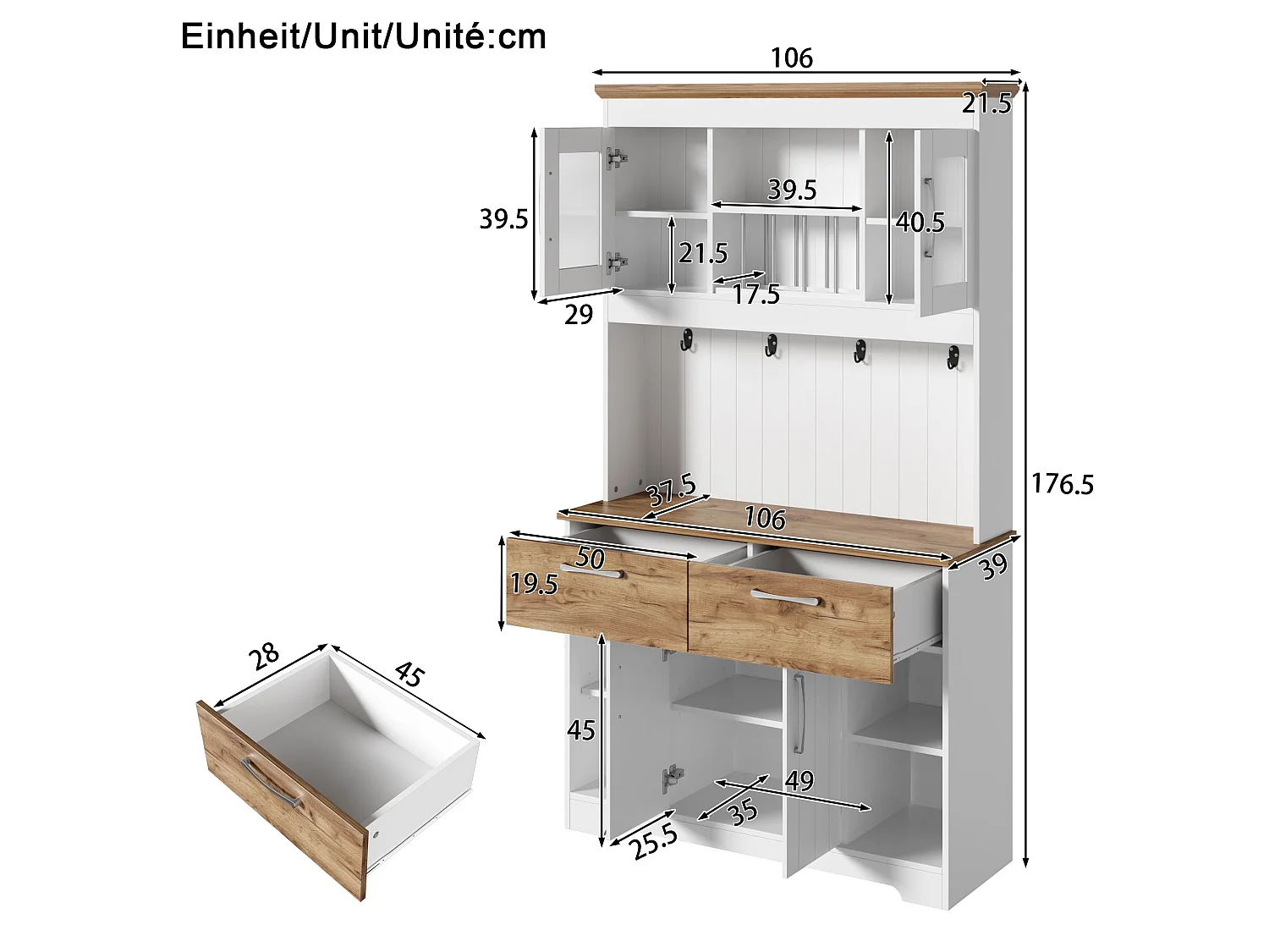 Vaisselier de cusisine blanc effet bois avec vitrines, tiroirs et crochets 106x39x176,5 cm