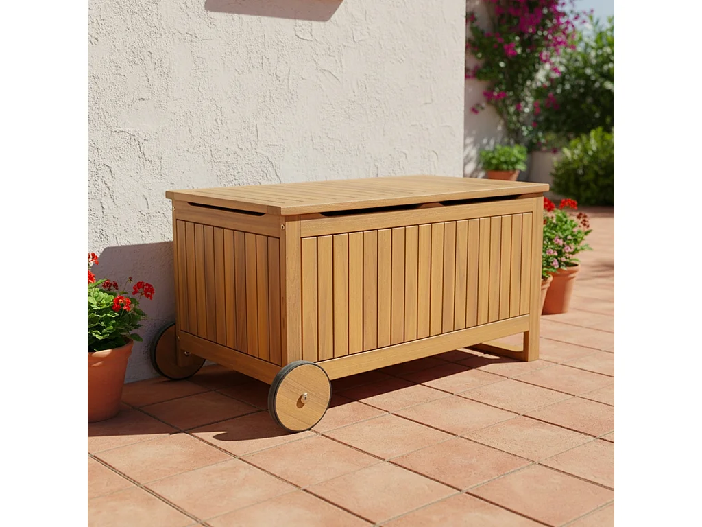 Cassapanca da giardino in legno di acacia con ruote, 119l, teck