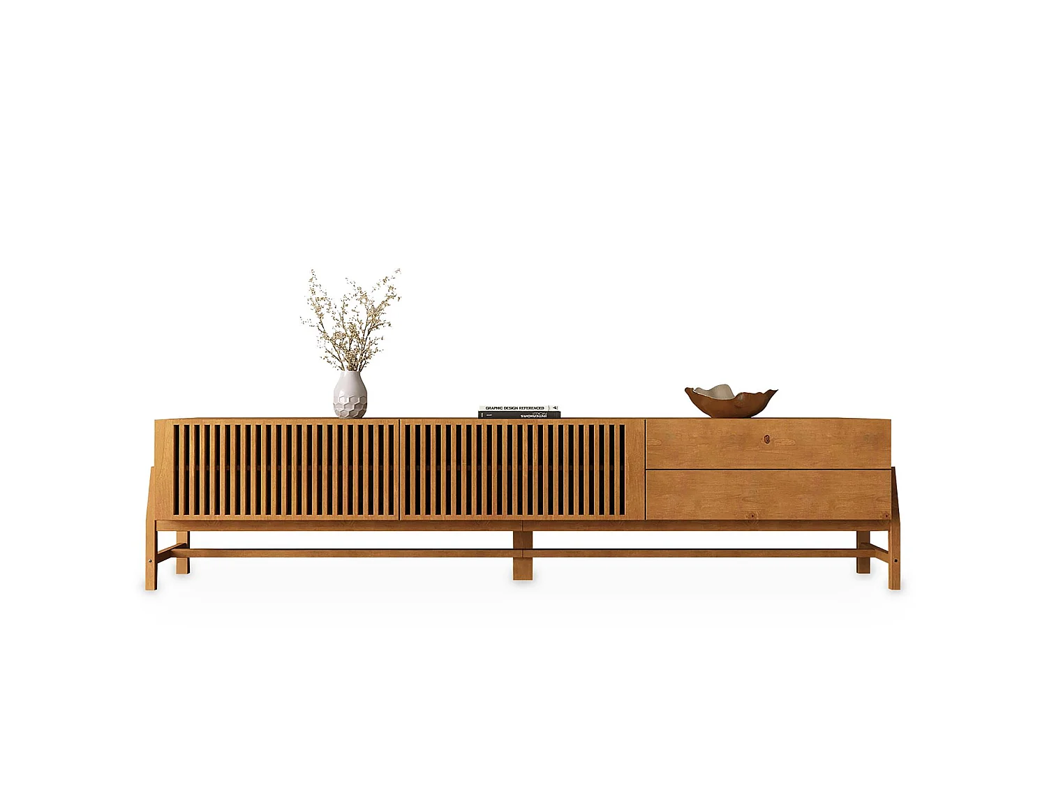 Meuble TV ADAMO L 220 cm en Bois Massif Coloris Chêne avec 2 Portes Coulissantes, 2 Tiroirs, Pour TV jusqu'à 249 cm (98")