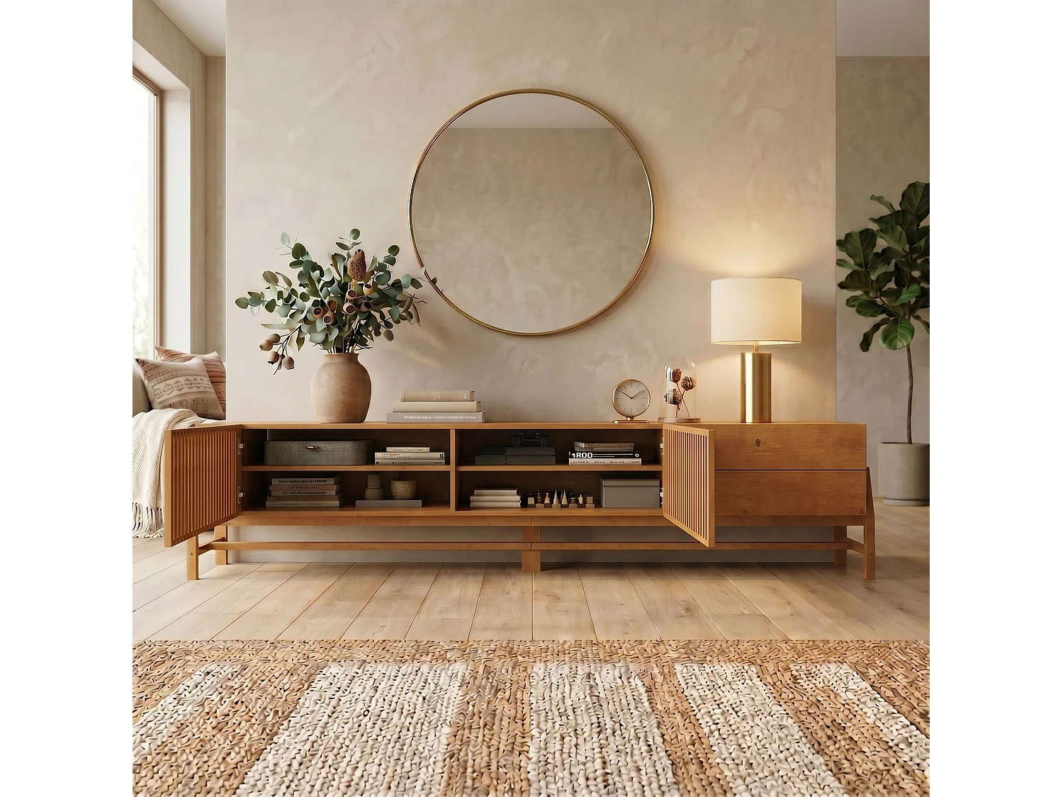 Meuble TV ADAMO L 220 cm en Bois Massif Coloris Chêne avec 2 Portes Coulissantes, 2 Tiroirs, Pour TV jusqu'à 249 cm (98")