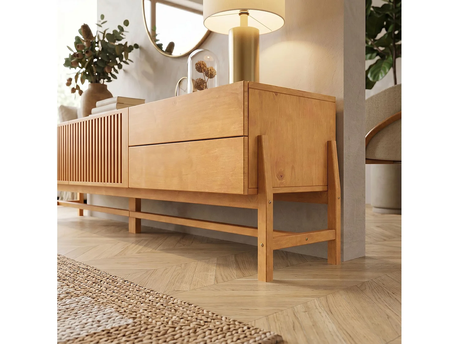 Meuble TV ADAMO L 220 cm en Bois Massif Coloris Chêne avec 2 Portes Coulissantes, 2 Tiroirs, Pour TV jusqu'à 249 cm (98")
