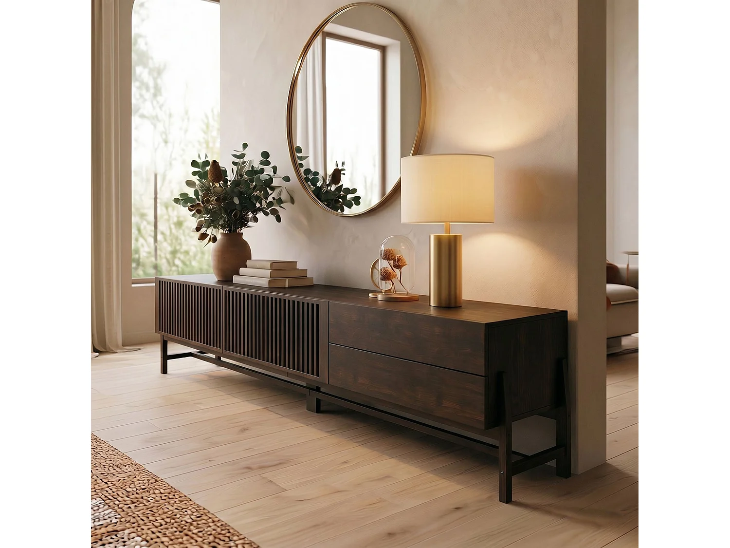 Meuble TV ADAMO L 220 cm en Bois Massif Coloris Noyer avec 2 Portes Coulissantes, 2 Tiroirs, Pour TV jusqu'à 249 cm (98")