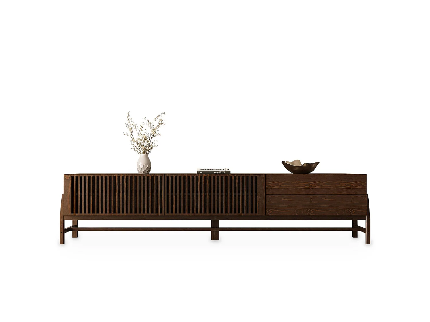 Meuble TV ADAMO L 220 cm en Bois Massif Coloris Noyer avec 2 Portes Coulissantes, 2 Tiroirs, Pour TV jusqu'à 249 cm (98")
