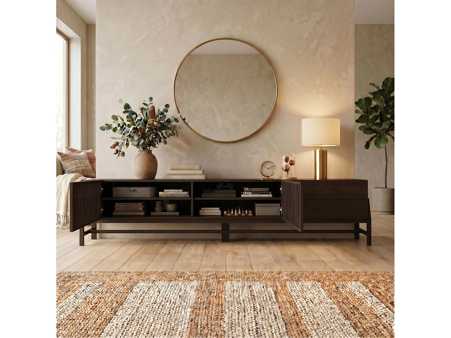 Meuble TV ADAMO L 220 cm en Bois Massif Coloris Noyer avec 2 Portes Coulissantes, 2 Tiroirs, Pour TV jusqu'à 249 cm (98")