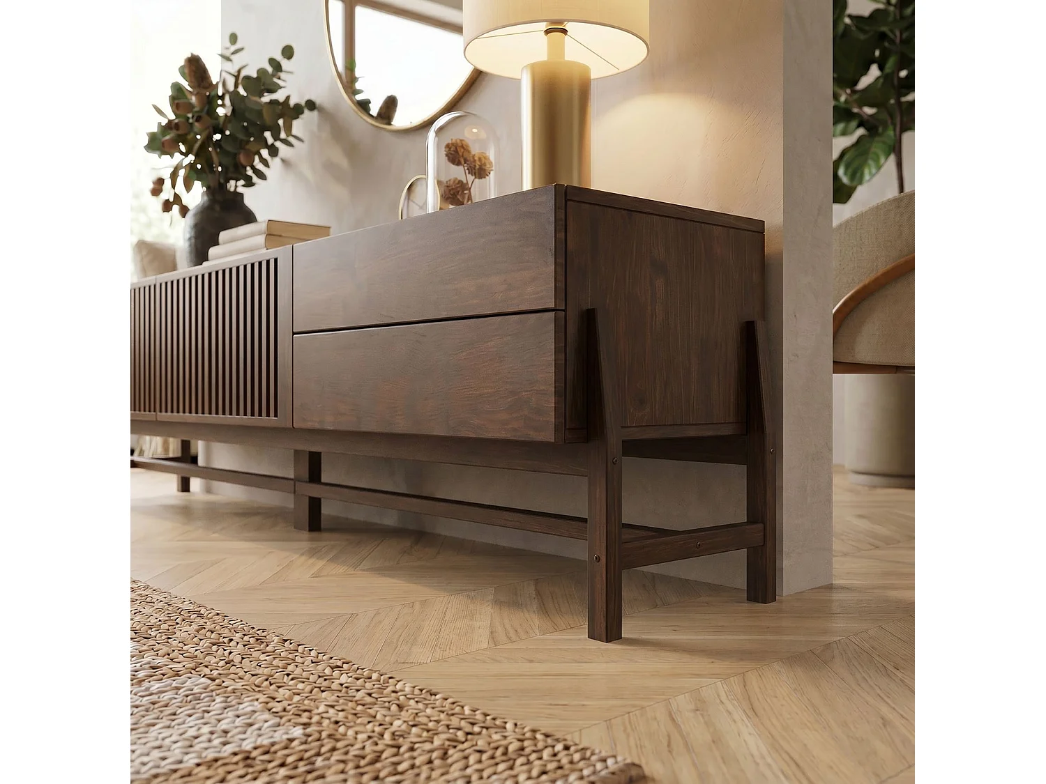 Meuble TV ADAMO L 220 cm en Bois Massif Coloris Noyer avec 2 Portes Coulissantes, 2 Tiroirs, Pour TV jusqu'à 249 cm (98")