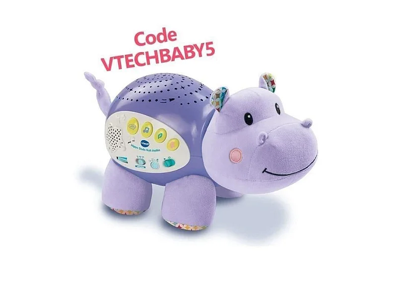 VTech Hippo Dodo Nuit Étoilée - Veilleuse musicale peluche et projecteur d'étoiles