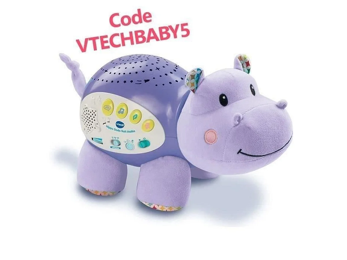 VTech Hippo Dodo Nuit Étoilée - Veilleuse musicale peluche et projecteur d'étoiles