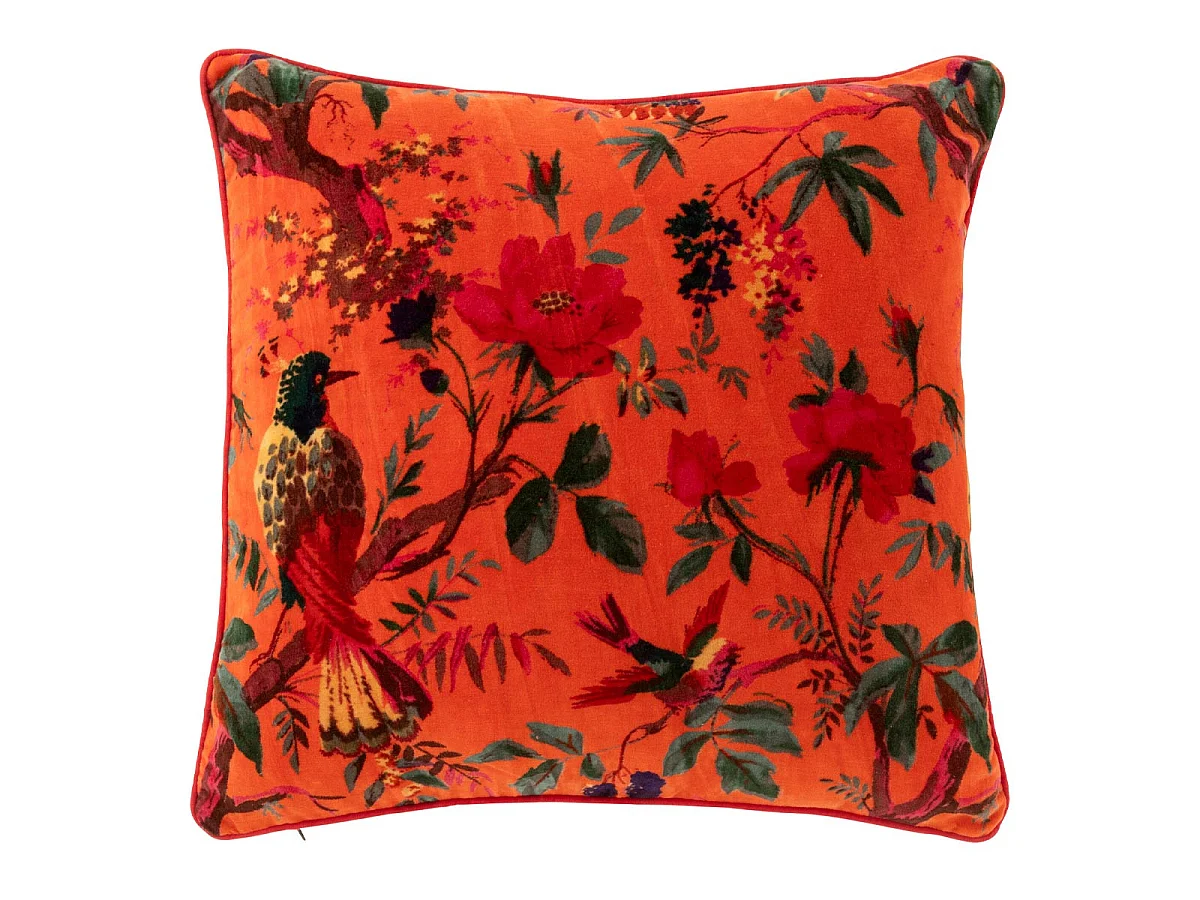 Coussin Déco en Velours "Oiseaux Fleurs" 45x45cm Orange