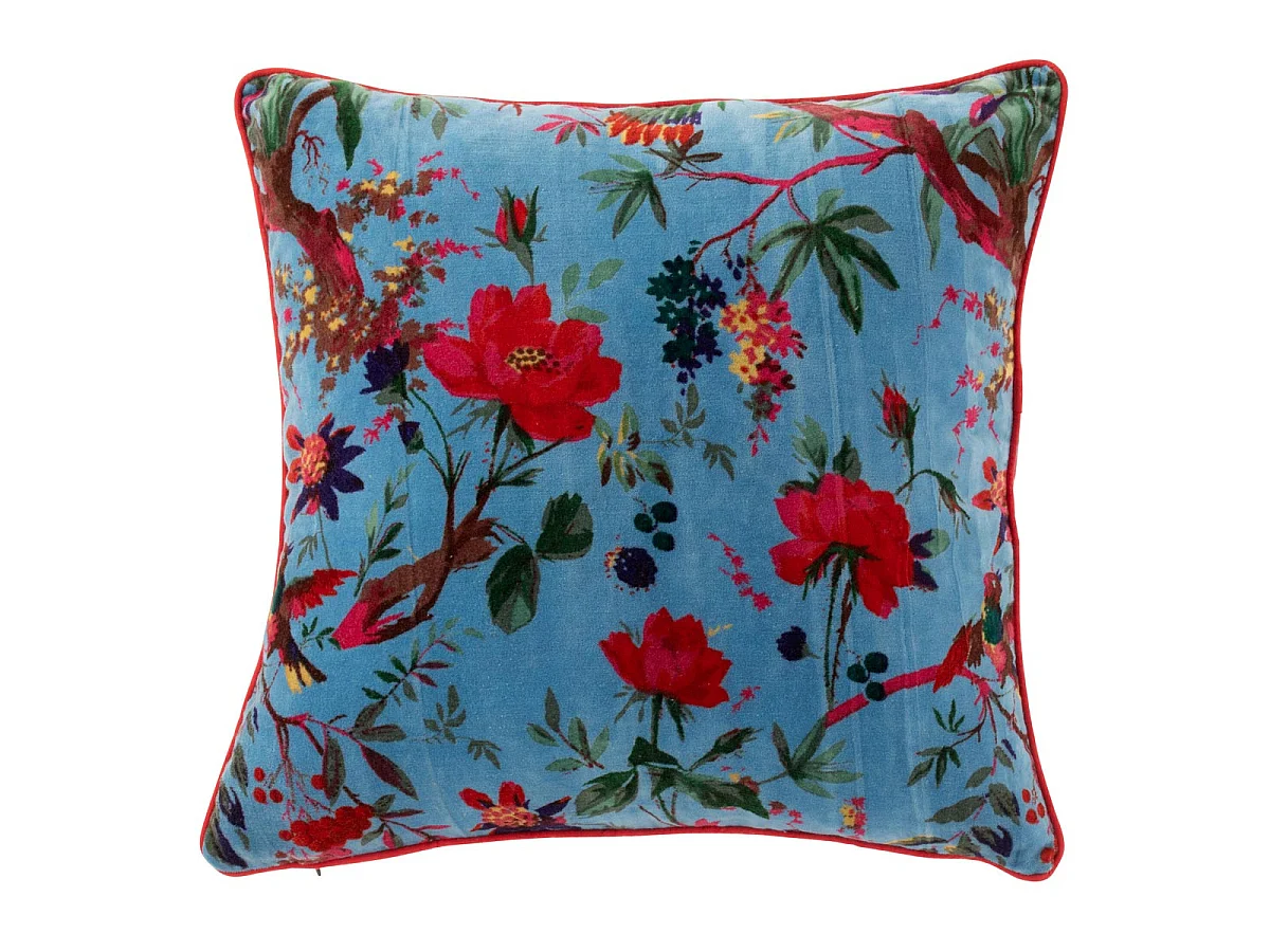 Coussin Déco en Velours "Oiseaux Fleurs" 45x45cm Bleu