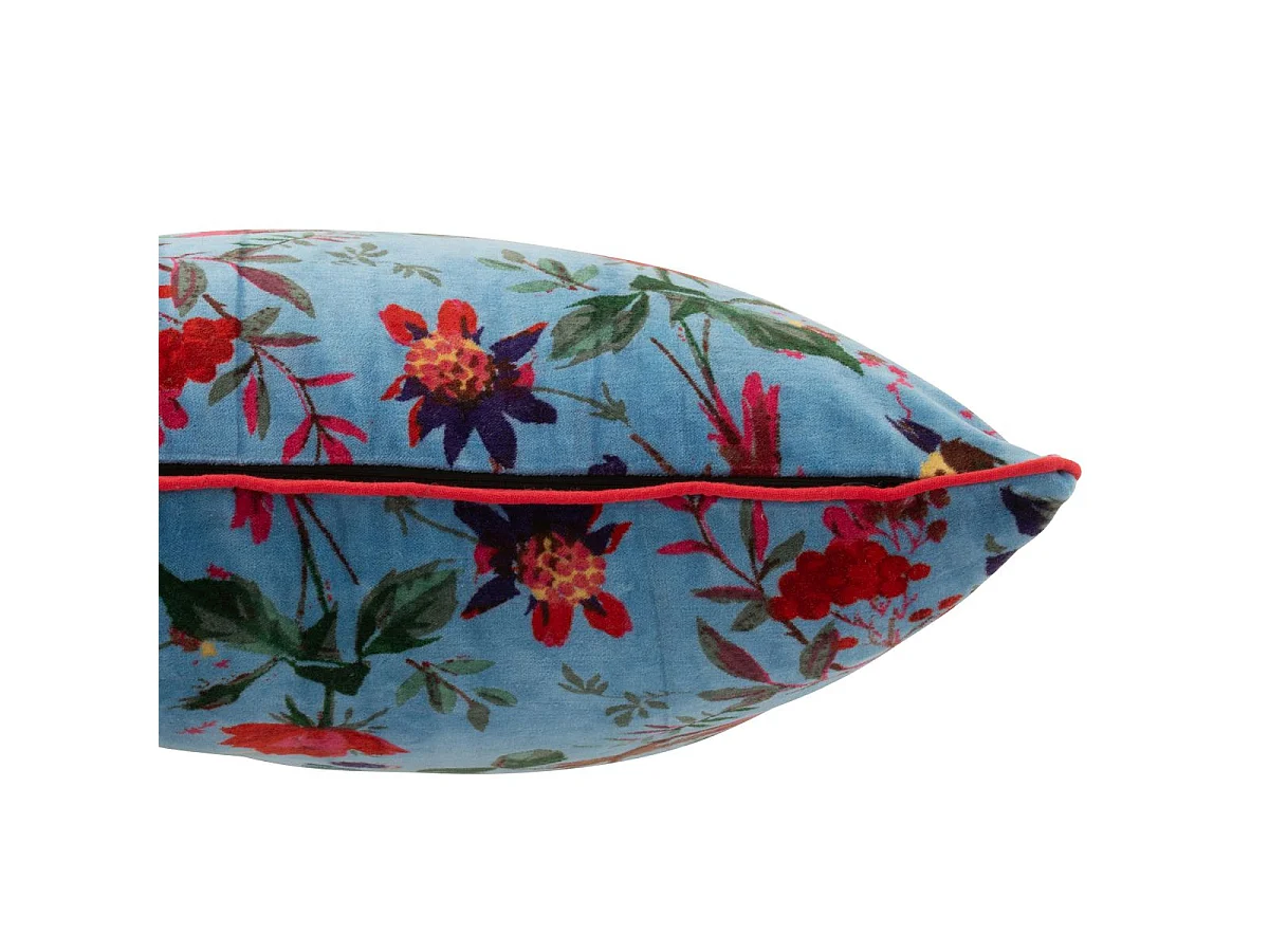 Coussin Déco en Velours "Oiseaux Fleurs" 45x45cm Bleu