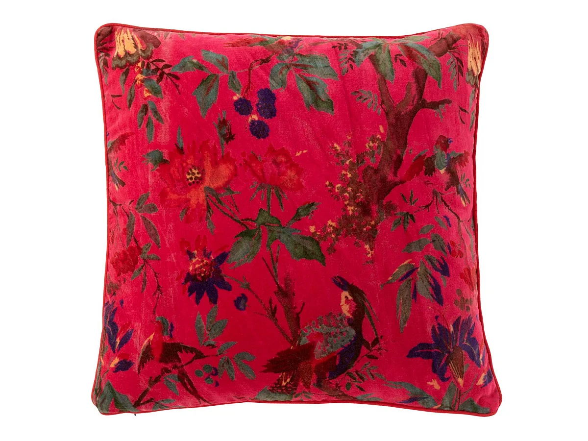 Coussin Déco en Velours "Oiseaux Fleurs" 45x45cm Rose