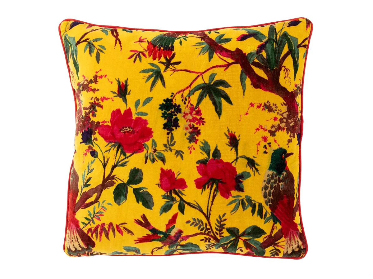 Coussin Déco en Velours "Oiseaux Fleurs" 45x45cm Jaune