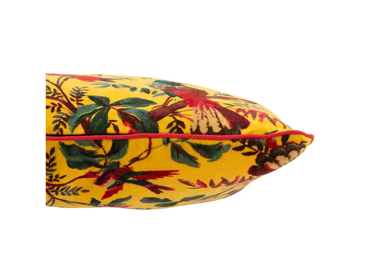 Coussin Déco en Velours "Oiseaux Fleurs" 45x45cm Jaune