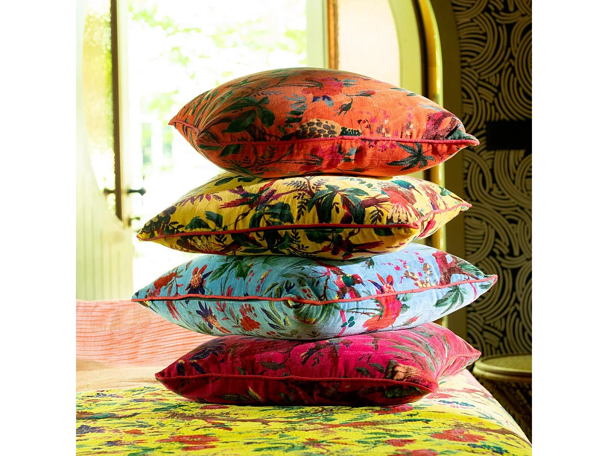 Coussin Déco en Velours "Oiseaux Fleurs" 45x45cm Jaune