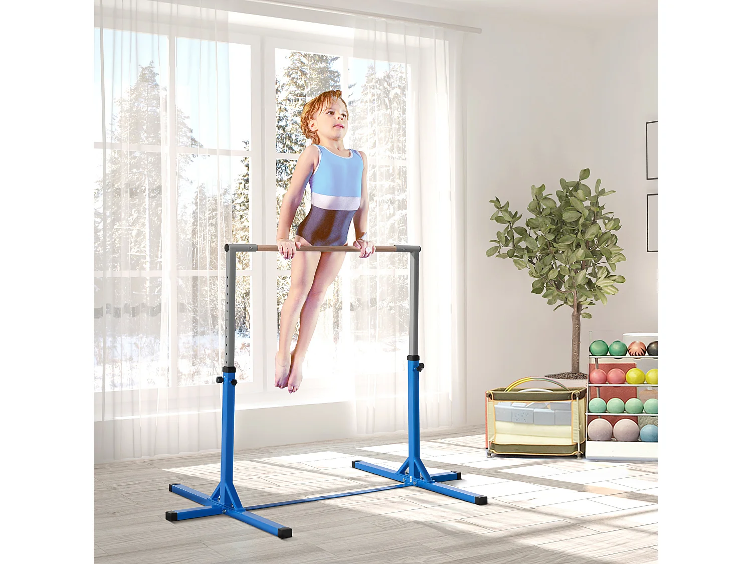 Barre fixe de gymnastique enfant - barre de gymnastique hauteur réglable 13 niveaux 92 à 150 cm - acier bleu bois massif hêtre