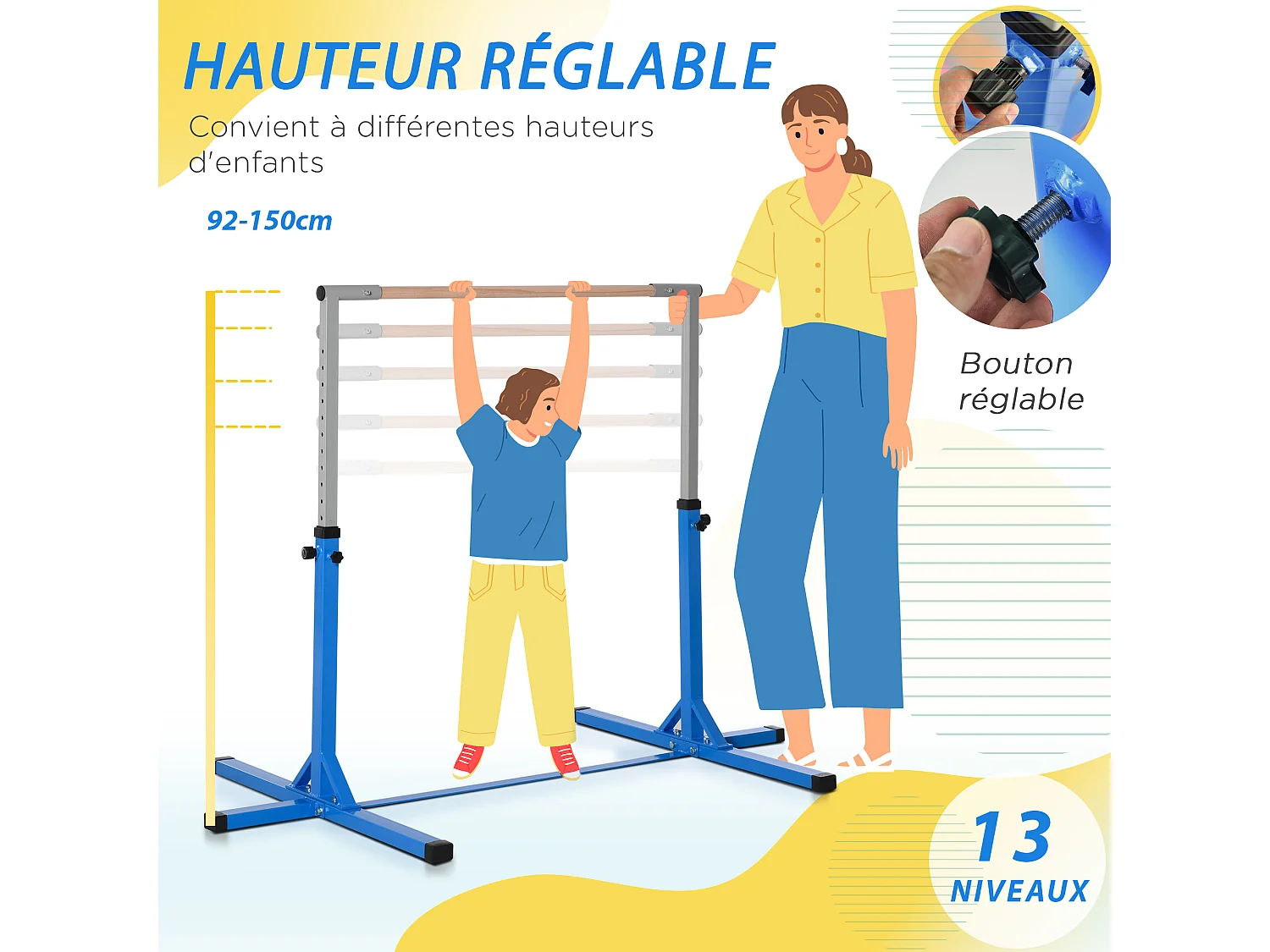 Barre fixe de gymnastique enfant - barre de gymnastique hauteur réglable 13 niveaux 92 à 150 cm - acier bleu bois massif hêtre