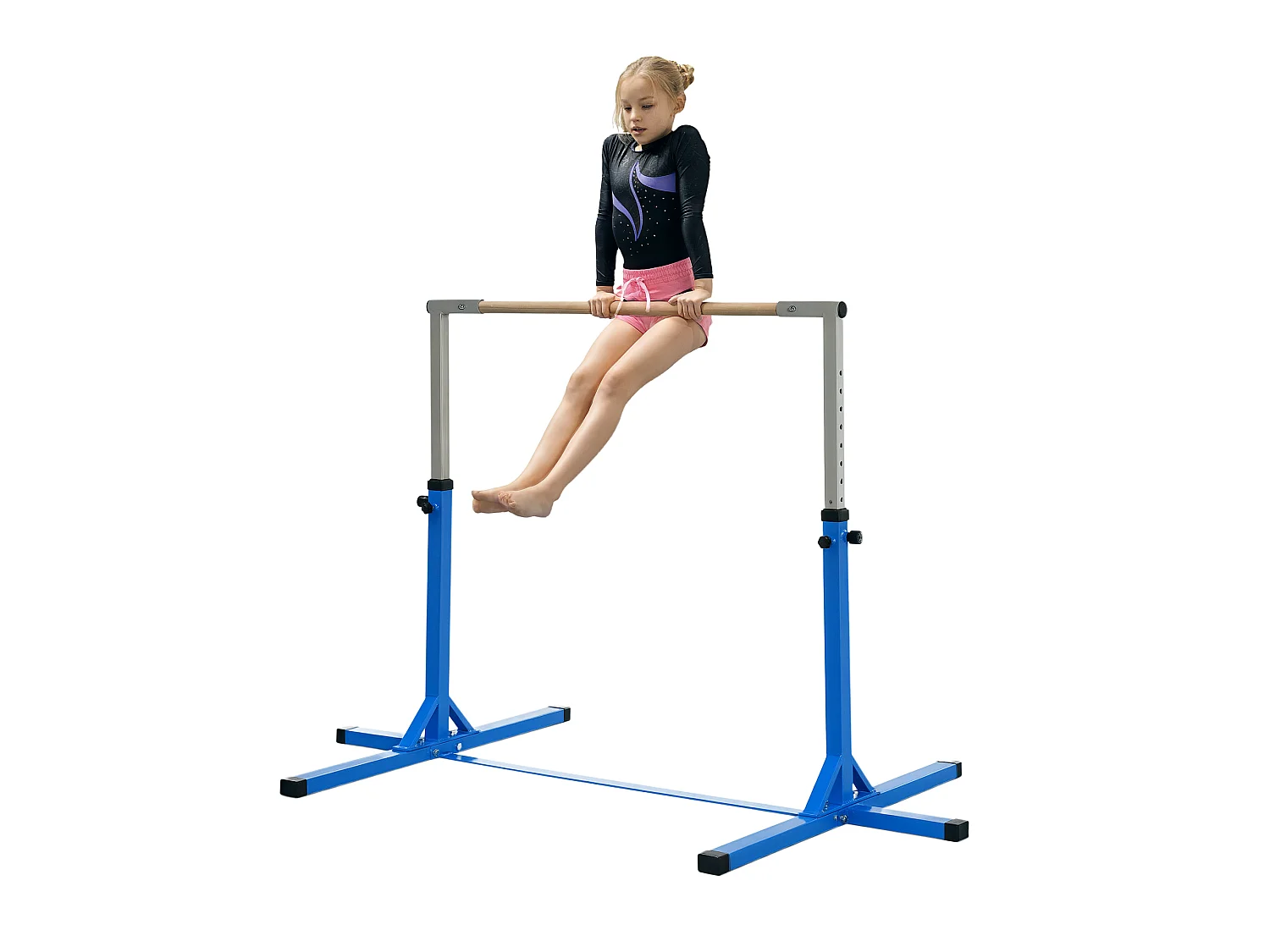 Barre fixe de gymnastique enfant - barre de gymnastique hauteur réglable 13 niveaux 92 à 150 cm - acier bleu bois massif hêtre