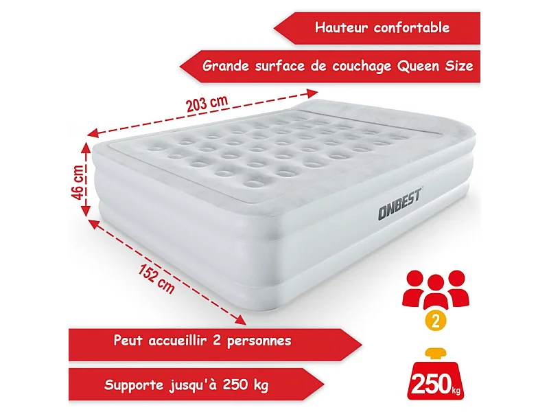 Matelas gonflable Blanc 203x152x46cm pneumatique 2 personnes  Lit d'appoint gonflable