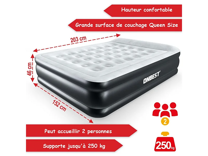 Matelas gonflable Blanc-Noir 203x152x46cm pneumatique 2 personnes  Lit d'appoint gonflable