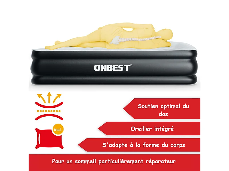 Matelas gonflable Blanc-Noir 203x152x46cm pneumatique 2 personnes  Lit d'appoint gonflable