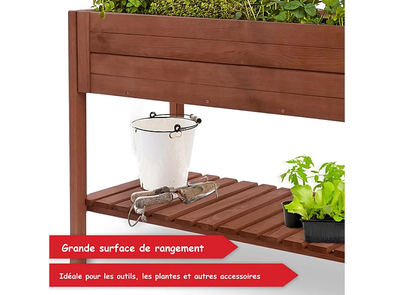 Carré potager sur pied en bois de pin massif avec étagère stable et toison intérieure XXL