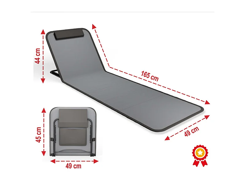 Transat de plage confortable Gris 165cm  avec dossier réglable et coussin pour la tête sac inclus