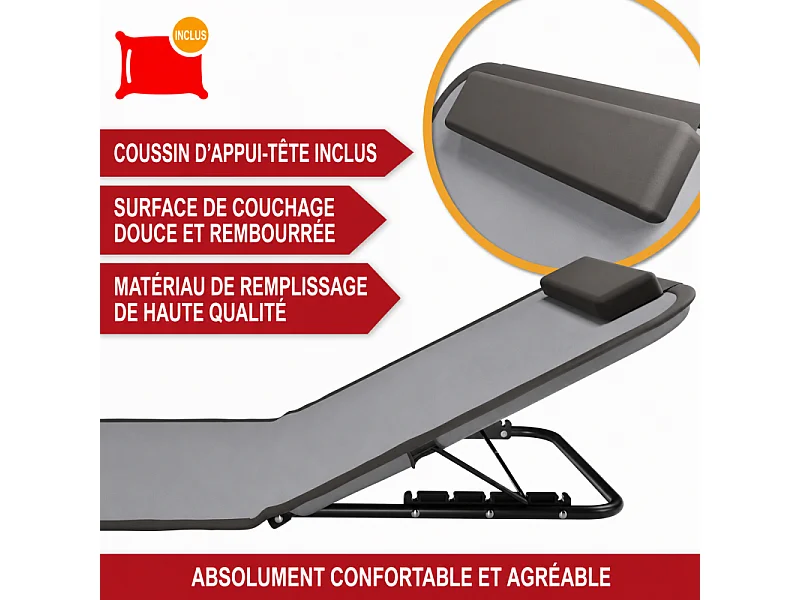 Transat de plage confortable Gris 165cm  avec dossier réglable et coussin pour la tête sac inclus