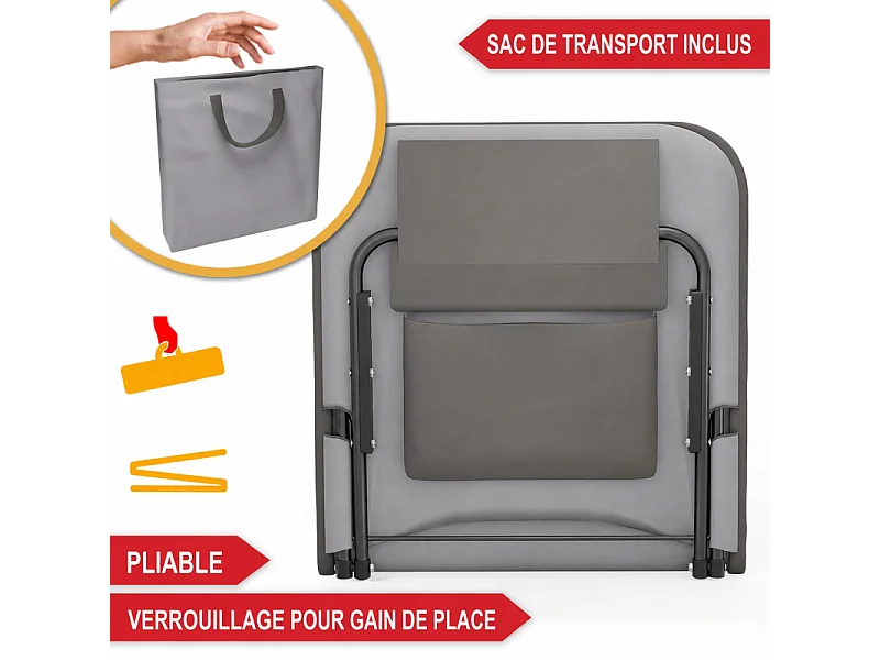 Transat de plage confortable Gris 165cm  avec dossier réglable et coussin pour la tête sac inclus