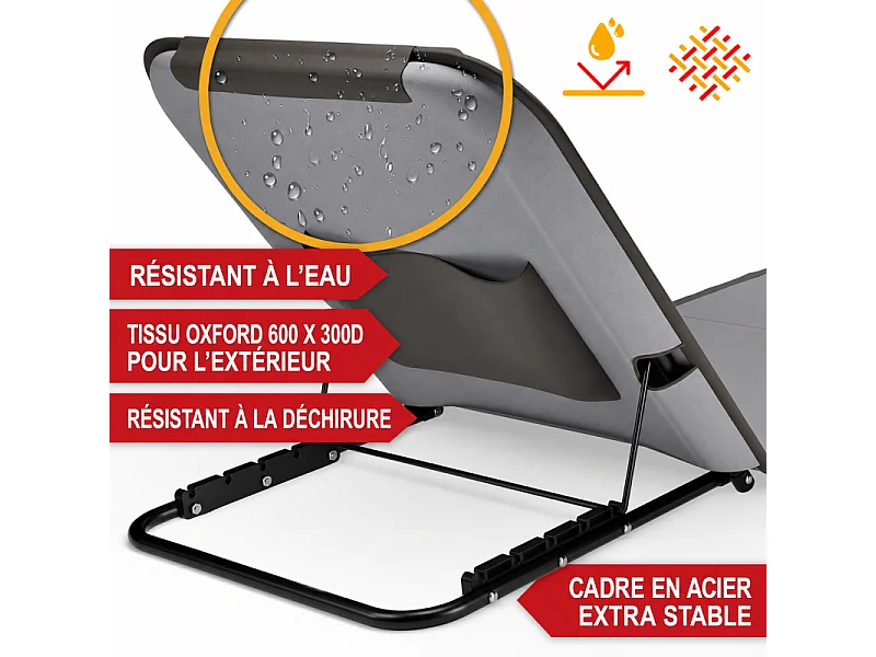 Transat de plage confortable Gris 165cm  avec dossier réglable et coussin pour la tête sac inclus
