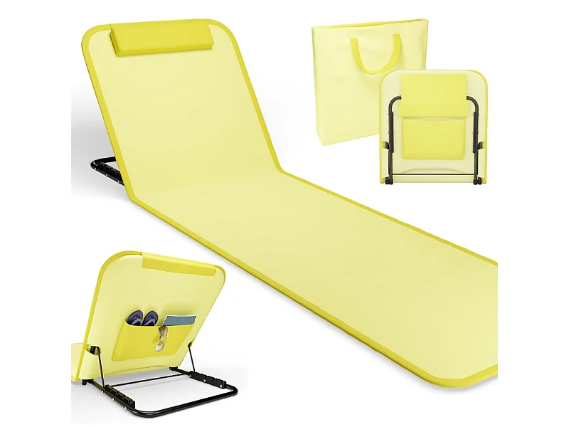 Transat de plage confortable Jaune 165cm dossier réglable et coussin pour la tête sac inclus