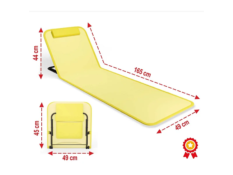 Transat de plage confortable Jaune 165cm dossier réglable et coussin pour la tête sac inclus