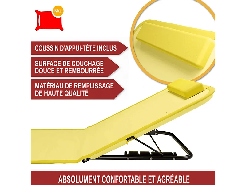 Transat de plage confortable Jaune 165cm dossier réglable et coussin pour la tête sac inclus