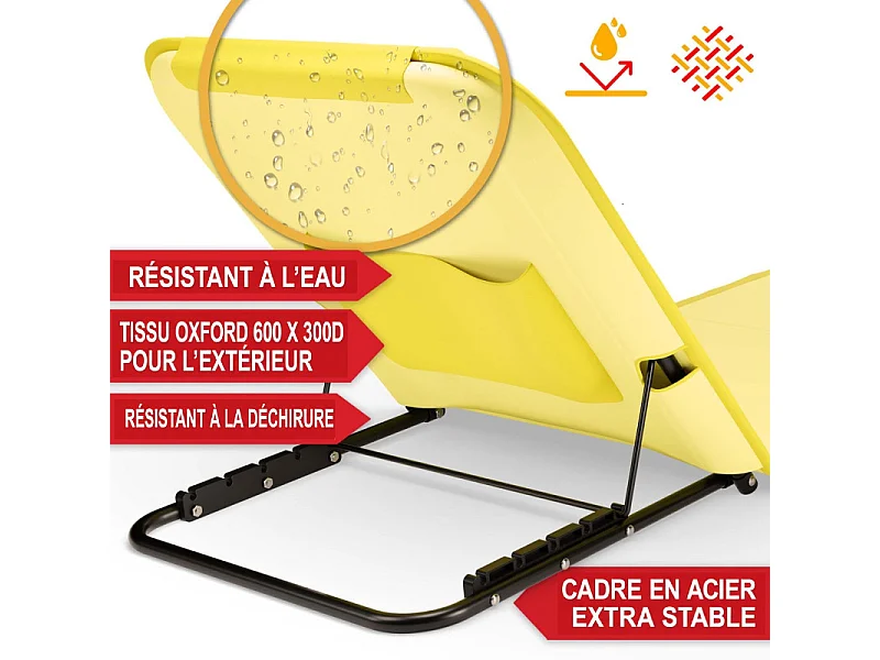 Transat de plage confortable Jaune 165cm dossier réglable et coussin pour la tête sac inclus