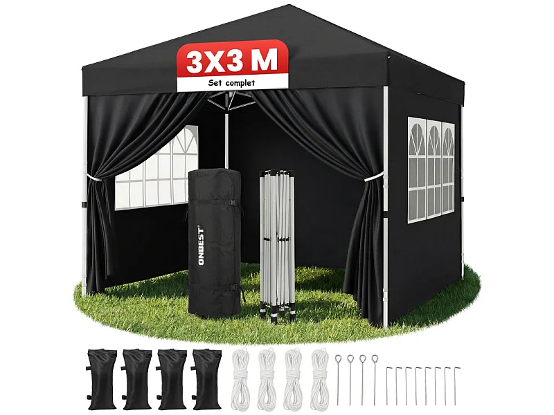 Pavillon 3x3m Tonnelle de jardin pliable Noir avec fenêtres Sac de rangement inclus