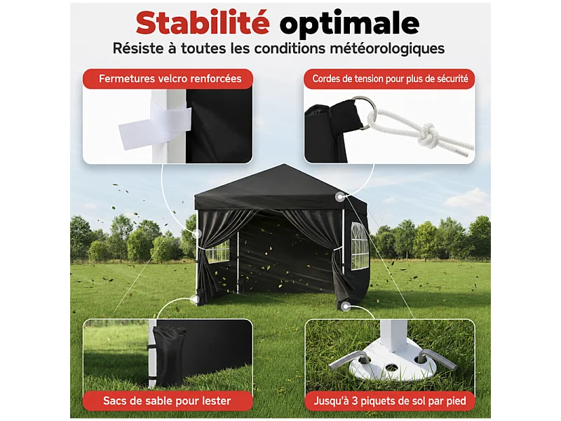 Pavillon 3x3m Tonnelle de jardin pliable Noir avec fenêtres Sac de rangement inclus