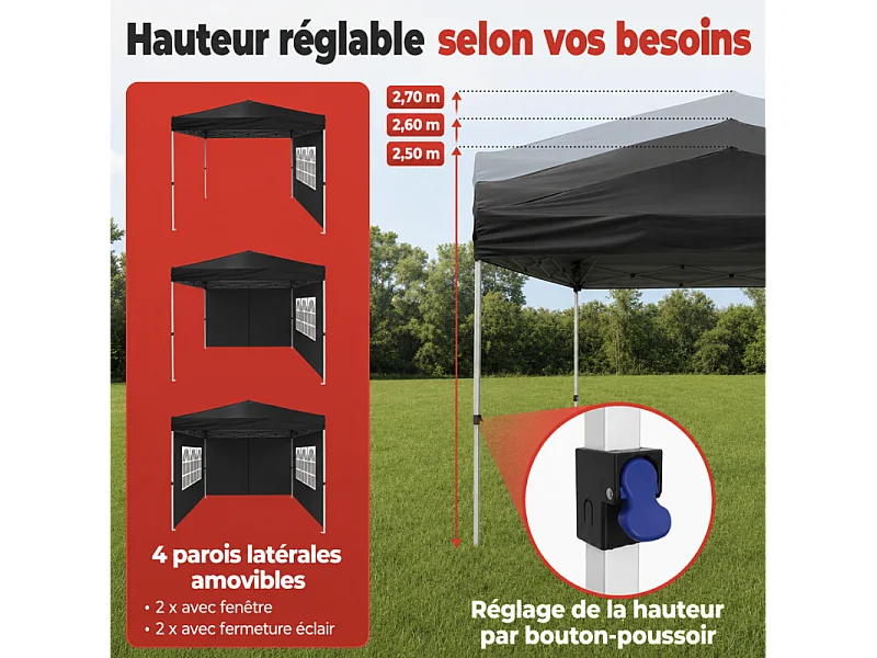 Pavillon 3x3m Tonnelle de jardin pliable Noir avec fenêtres Sac de rangement inclus