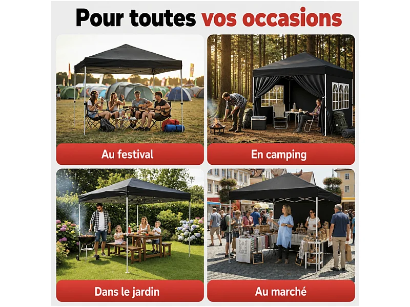 Pavillon 3x3m Tonnelle de jardin pliable Noir avec fenêtres Sac de rangement inclus