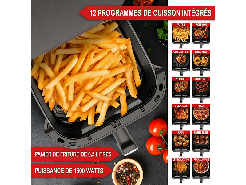 Air fryer Friteuse XL sans huile à air chaud 6,5L 12 programmes 1600W