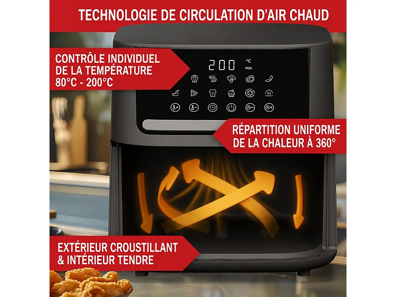 Air fryer Friteuse XL sans huile à air chaud 6,5L 12 programmes 1600W