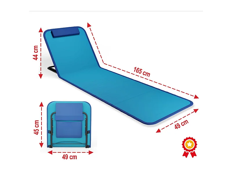 Transat de plage confortable Bleu 165cm dossier réglable et coussin pour la tête sac inclus