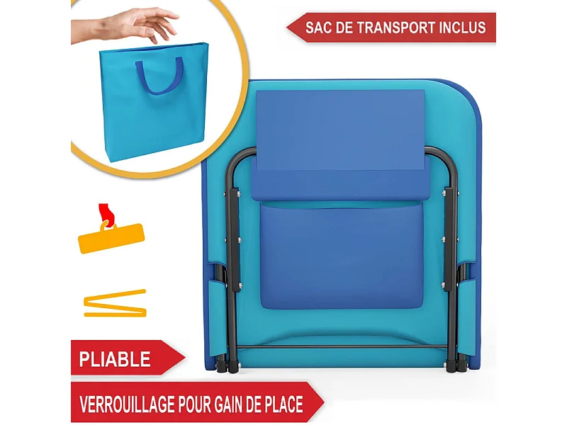 Transat de plage confortable Bleu 165cm dossier réglable et coussin pour la tête sac inclus