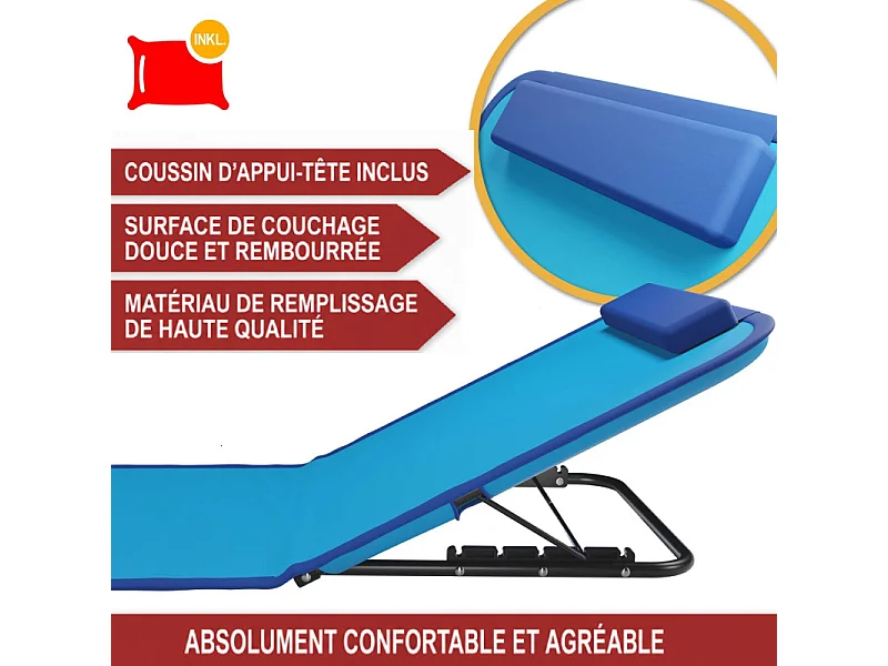 Transat de plage confortable Bleu 165cm dossier réglable et coussin pour la tête sac inclus