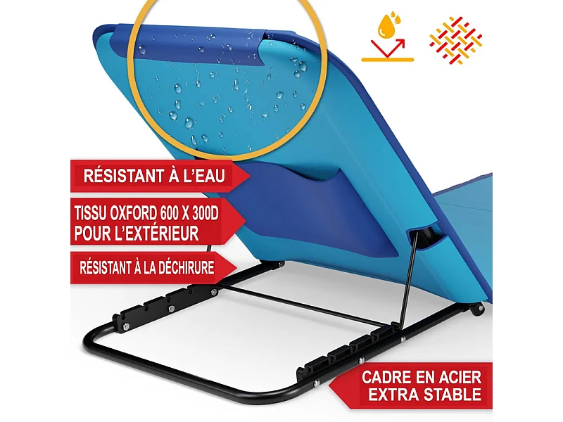 Transat de plage confortable Bleu 165cm dossier réglable et coussin pour la tête sac inclus