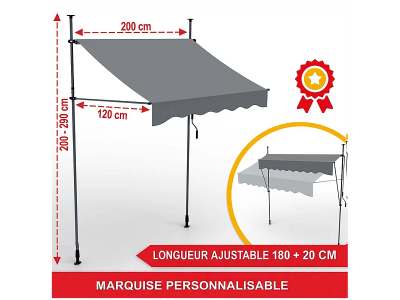 Auvent pour balcon et terasse Gris 200x120cm rétractable avec manivelle réglable en hauteur