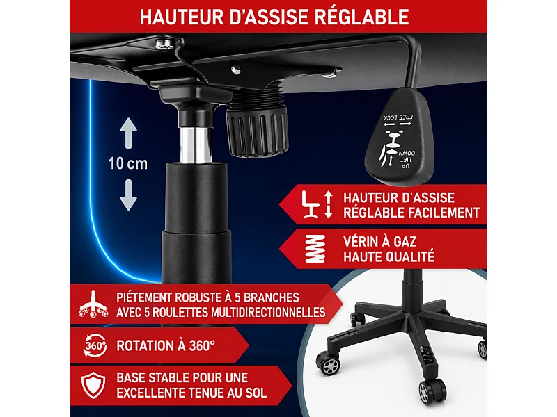 Chaise de bureau gaming Gris ergonomique coussin réglable 150kg  Roulettes universelles pivotant