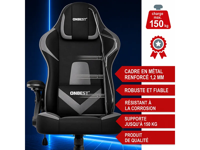 Chaise de bureau gaming Gris ergonomique coussin réglable 150kg  Roulettes universelles pivotant